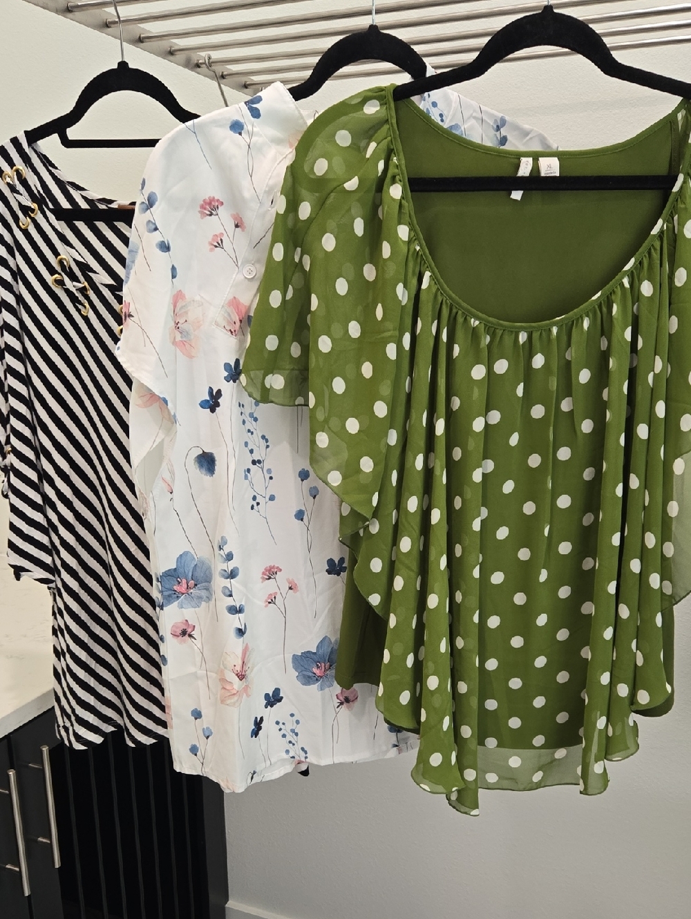 3 Xl Blouses Including Olive Green Polka Dot Flutter Sleeve Top
